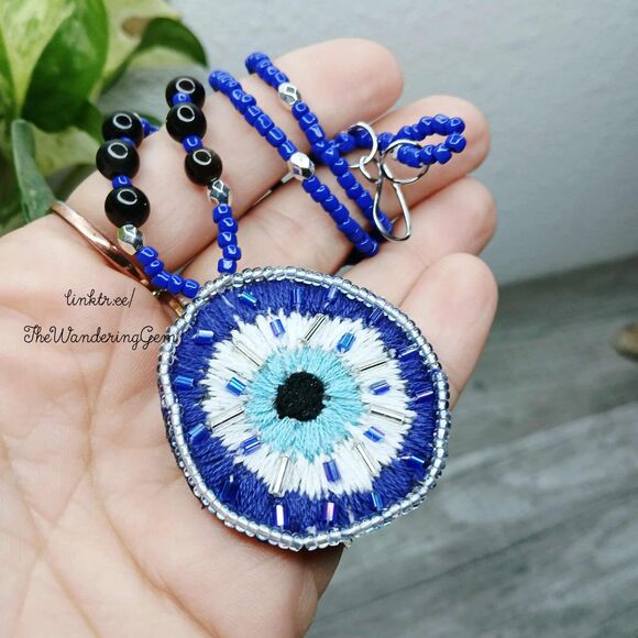 Hand Embroidered Evil Eye Beaded Choker Necklace, 15" - Picture 4 of 7